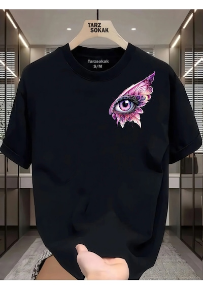 Tarzsokak Unisex Kod 7 Eyelash Desen T-shirt Siyah