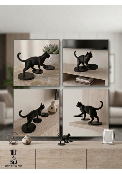 Minimalist Yürüyen Siyah Kedi Figürü - Tv Ünitesi, Kitaplık Ve Konsol Dekorasyonu