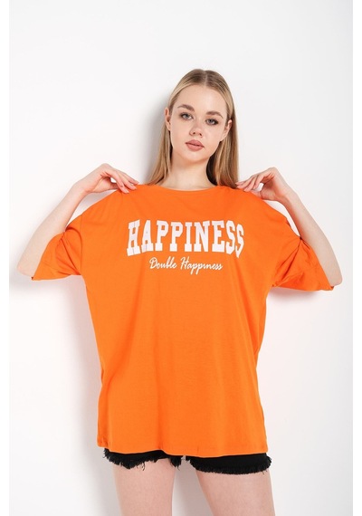 Flood Of Style Kadın Turuncu Happıness Baskılı Oversize Tshirt