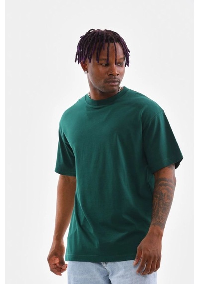 Erkek Düz Yazlık Kısa Kol Tişort Bisiklet Yaka Oversize T-shirt - Koyu Yeşil