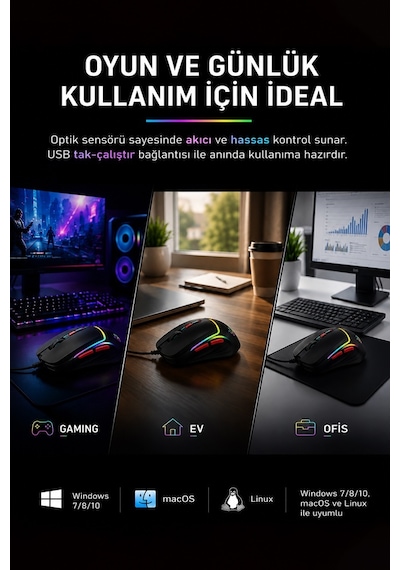 Dexim Dma027 M036p Kablolu Gökkuşağı Led Işıklı 6400 Dpı Gaming Mouse -