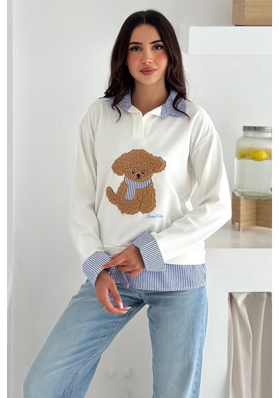 Kadın Nakış Peluş Ayıcık Figürlü Sweatshirt Eğlenceli & Şehirli Stil Beyaz