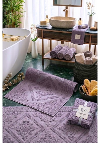 Buççin Online Mağaza 2'li Jakarlı Banyo Ayak Havlusu Seti - Yüksek Emicili Premium Mürdüm Banyo Paspası %100 Pamuk Mor Çok Renkli