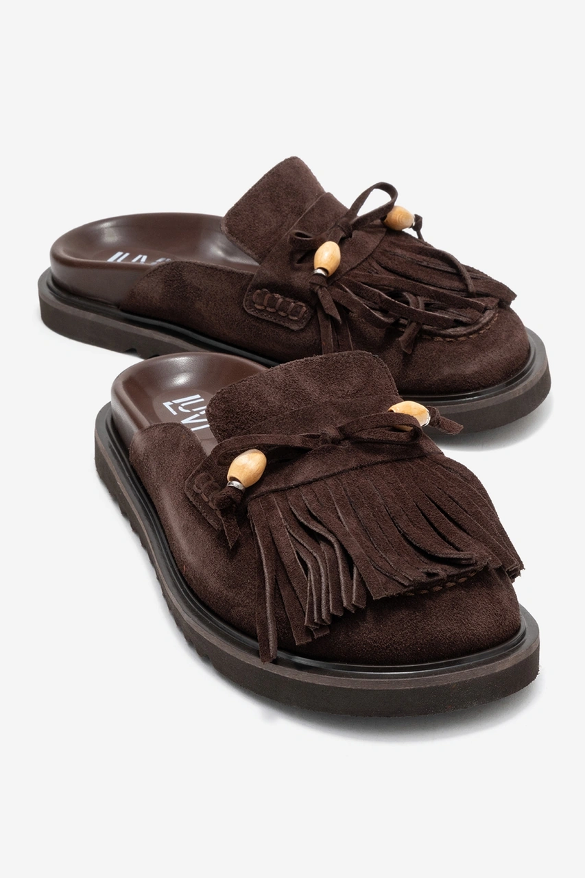 Luvishoes Luvi Shoes Carol Kahverengi Süet Püsküllü Hakiki Deri Kadın Burnu Kapalı Terlik Kahverengi