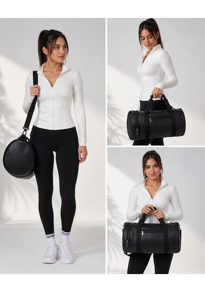 Silindir Spor Ve Seyahat Çantası Omuz Askılı Çok Bölmeli Unisex Fitness El Bagajı Bnt227 Siyah