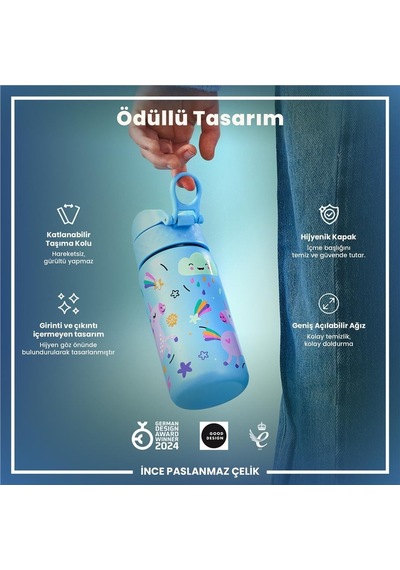 Ion8 - Paslanmaz Çelik Çocuk Suluk - Mavi Unicorn - 400 Ml - Sızdırmaz