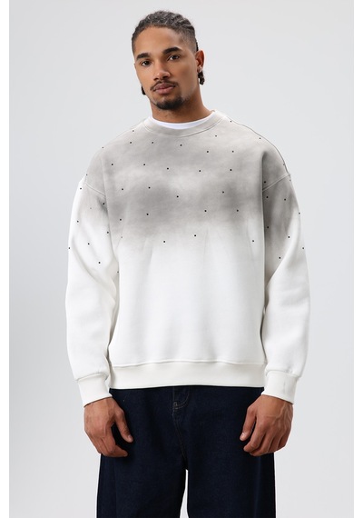 Vamos Yıkamalı Taş Detaylı Oversize Sweatshirt Ekru