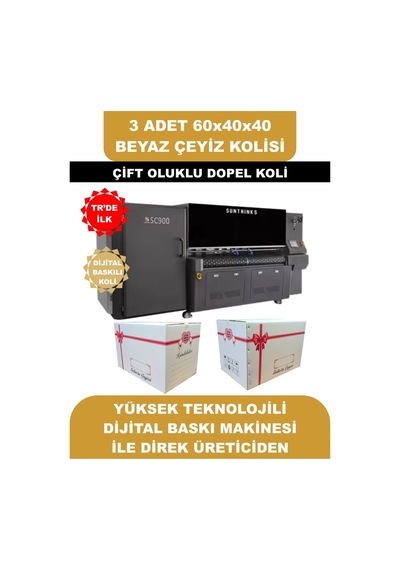 3 Adet 60x40x40 Kurdale Baskılı Beyaz Çeyiz Kolisi, İsim Yazma Alanı Renkli Baskı, Çift Oluklu