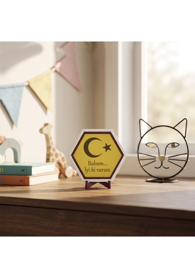 Ay Yıldız Figürlü Ve Anlamlı Mesajlı Dekoratif Masaüstü Dekoru, Evinizin Modern Dokunuşu Şık Tasarım 10x10 Cm, Sarı