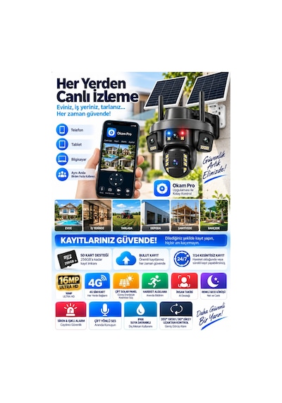Premium 16mp 4g Solar Güvenlik Kamerası Çift Panel Ptz İnsan Takip Renkli Gece Görüş Ip66 Okam Pro