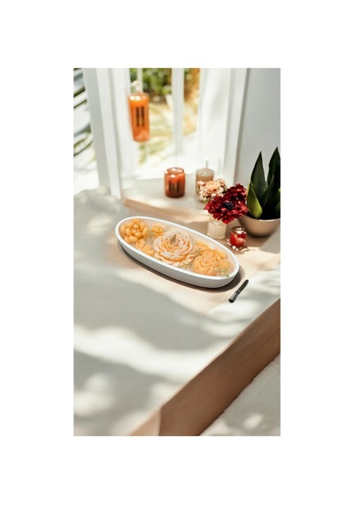 Ev Dekoresyon Hediyelik Kayık Tabakta 21x9x4 Cm Çiçekli Mum Seti Somon