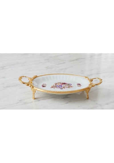 Dekoratif Gold Metal Ayaklı Oval Çiçekli Porselen Sunumluk Tabak Altın