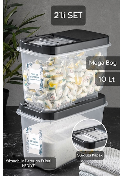 Meleni Home 2'li 10 Lt Mega Etiketli Toz Tablet Deterjan Saklama Kutusu Kayar Kapaklı Banyo Düzenleyici Antrasit