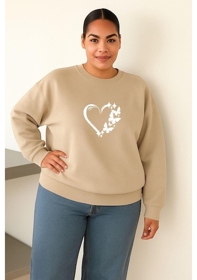 Benroma 3 İplik Penye Kelebekli Kalp Baskılı Büyük Beden Unisex Sweatshırt Bej