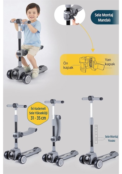 Prego Flow Müzikli Işıklı Oturaklı Scooter Gri K604 Gri