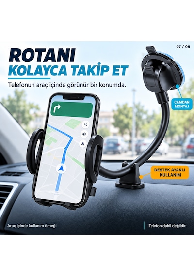 Dexxony Hp-a03 Vantuzlu Araç İçi Telefon Tutucu 20 Cm Bükülebilir Kol Cam Ve Torpido Destek Ayaklı Centilmen Siyah