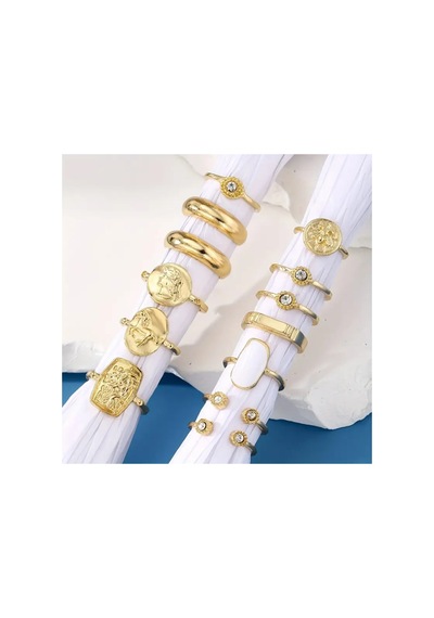 Stellis Gold - 13 Adet Kristal Taşlı Şık Tasarım Vintage Çoklu Ayarlanabilir Altın Yüzük Seti