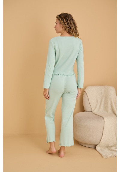 Siyah İnci Pamuklu Dantelli Fitilli Örme Pijama Takım25226005 Mint