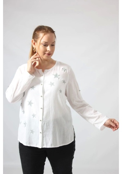 Moda Berray 3294 Beyaz Yıldız Baskılı Organik Keten Kumaş Mevsimlik Gömlek Beyaz