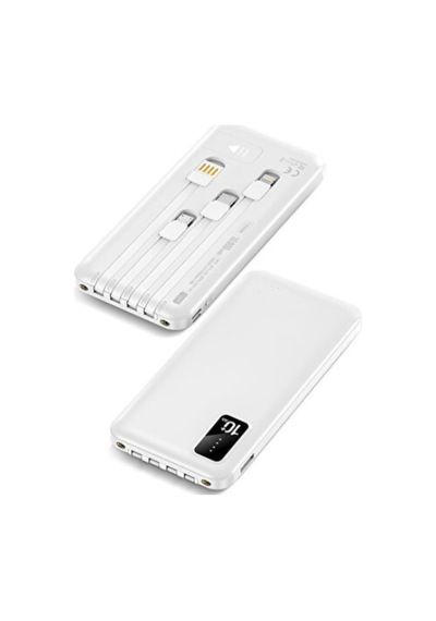 10.000 Mah Powerbank Dahili Çoklu Kablolu Taşınabilir Şarj Aleti Led Işıklı Güç Bankası Beyaz