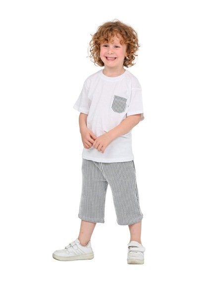 Erdem Kıds Erkek Çocuk Basic T-shirt Şort Çizgili Kaprili Yazlık 2'li Takım Siyah Siyah