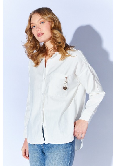 Manche Beyaz Broş Detaylı Oversize Tek Cepli Gabardin Gömlek Mkw168174-01