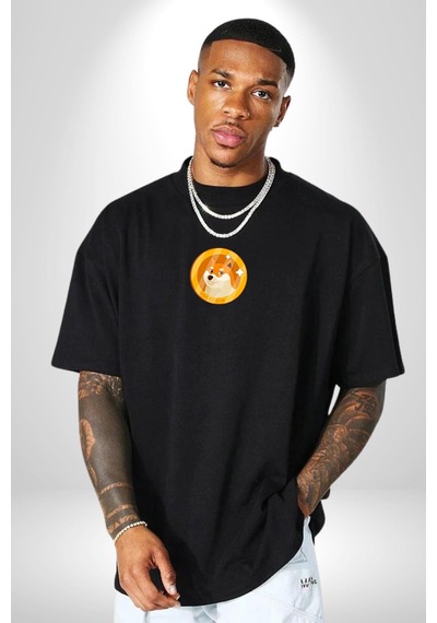 Doge Coin Siyah Oversize Unisex Ön Orta Minimal Baskılı Tişört Siyah
