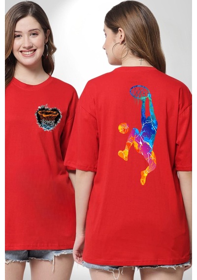 Smaç Basketbol Renkli Kırmızı Oversize Unisex Ön Ve Sırt Baskılı Tişört Kırmızı