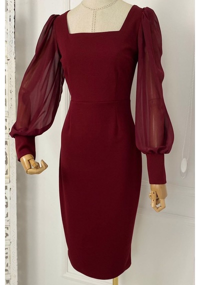 Ges Moda M1990 Kare Yaka Şifon Kollu Elbise Bordo-bordo