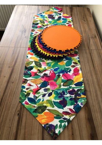 Suluboya Desenli Runner & Ponponlu Supla Çok Renkli