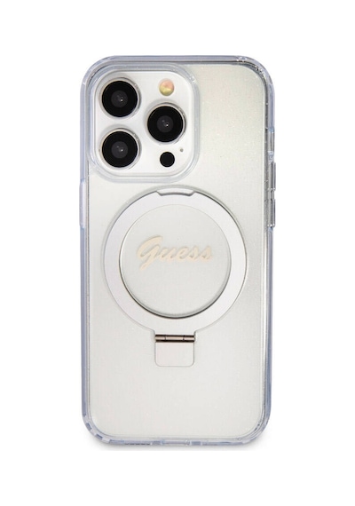 Apple Uyumlu iPhone 15 Pro Kılıf Guess Lisanslı Magsafe Özellikli Simli Ring Standlı