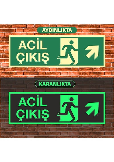 Fosforlu Acil Çıkış Yukarı Çapraz Uyarı İkaz Tabelası 10x30