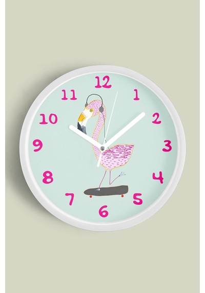 Kaykay Yapan Pembe Flamingo Çocuk Odası Duvar Saati - 35cm - Önü Camlı Beyaz Kasa - Sessiz Mekanizma Beyaz