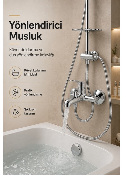 Krom Banyo Bataryası Sıcak Soğuk Mix Kare Tepe Yağmurlama Musluk Ve Fonksiyonlu Robot Duş Seti