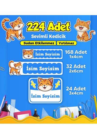 Sevimli Kedi Temalı Okul Kreş Kişiye Özel İsim Etiket Seti - Model 349 Çok Renkli