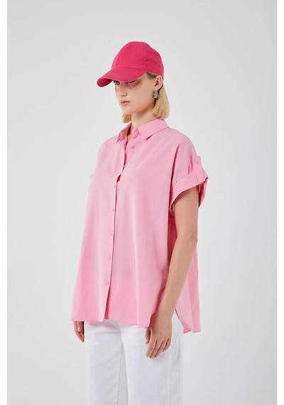 Mixray 3967 Kadın Apoletli Kısa Kol Oversize Gömlek Şeker Pembe