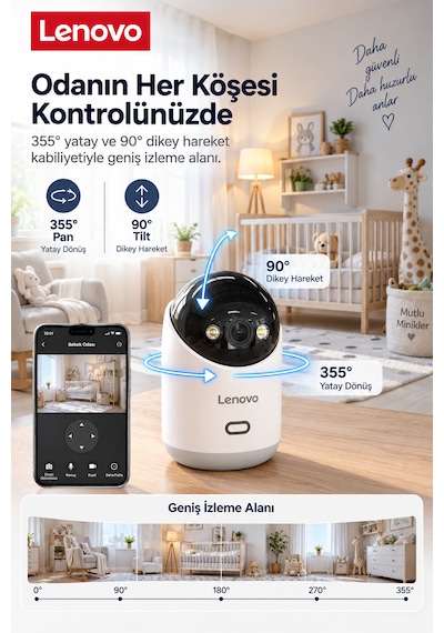 Lenovo Ev Kamerası 3'lü Set 2k 3mp, Wifi, Sesli, 360 Ptz, Mobil Kontrol, Hareket Takip, Iç Mekan Kamera Lnv35cset