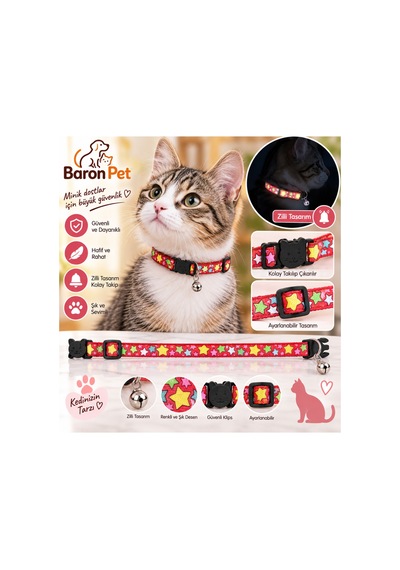Kedi Tasması Kırmızı Yıldız Desenli Zilli Kedi Yüzü Klipsli Ayarlanabilir Boyun Tasması Diğer
