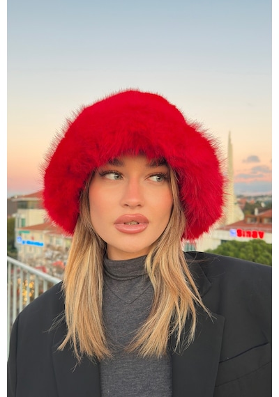 Mollycrush Suni Kürklü Peluş Bucket Kalpak Şapka Luxury Kadın Kırmızı Rus Slav Tarzı Kırmızı