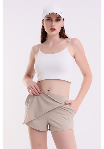 Winmoda34 Kadın Spor Şortlu Tenis Eteği 2 Cepli Bej