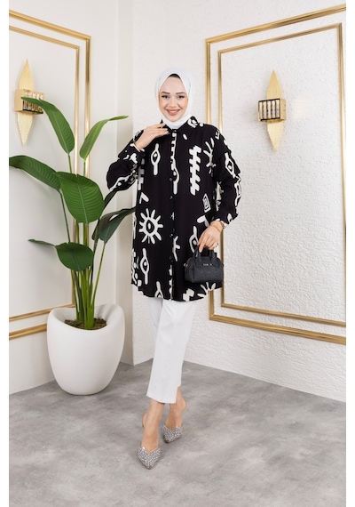 Hira Life Fashion Kadın Tesettür Giyim Ve Spor Giyime Uygun Düğme Detaylı Şık Desenli Dokuma Viskon Gömlek-tunik Siyah Siyah Hira Life Fashion Kadın Tesettür Giyim Ve Spor Giyime Uygun Düğme Detaylı Şık Desenli Dokuma Viskon Gömlek-tunik Siyah Siyah