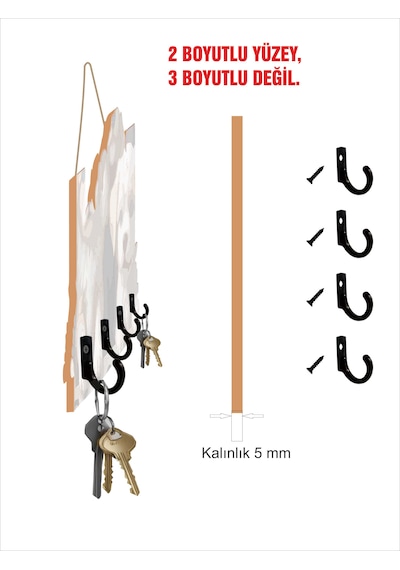 30 X 16 Cm 2d Metal Kancalı Ahşap Dört Uv Baskılı Mdf Duvar Askılığı Anahtarlık Çok Renkli