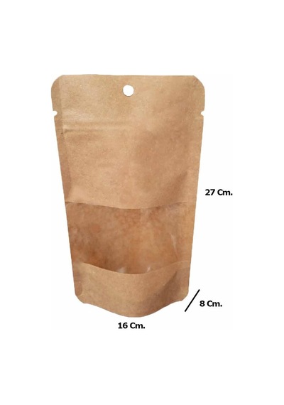 Doypack Pencereli Kraft Delikli Kilitli Kese Kağıdı Orta Boy 20'li 16 x 27 x 8 CM