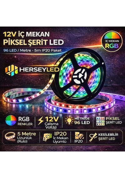 12v Piksel Şerit Led İç Mekan Ip20 96 Led/ Metre Ws2811 Pixel Led