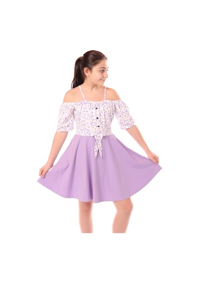 Toontoy Kız Çocuk Regular Fit Carmen Yaka Kısa Kollu Askılı Elbise - Renk Bloklu Lila
