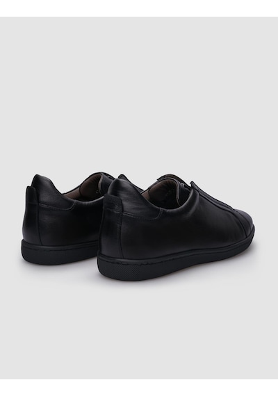 %100 Hakiki Deri Siyah Lastikli Erkek Sneaker-siyah Siyah