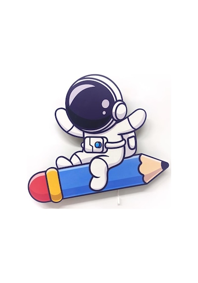 CajuArt Kalem Astronot Ahşap Led Işıklı Çocuk Odası Duvar Tablosu