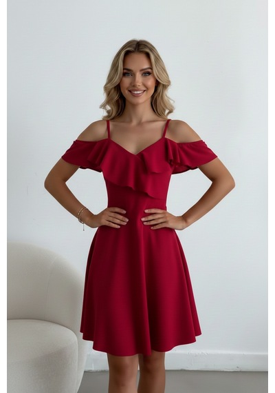 Defymoda Kadın Kısa Boy Zarif Tasarım Şık Elbise Bordo