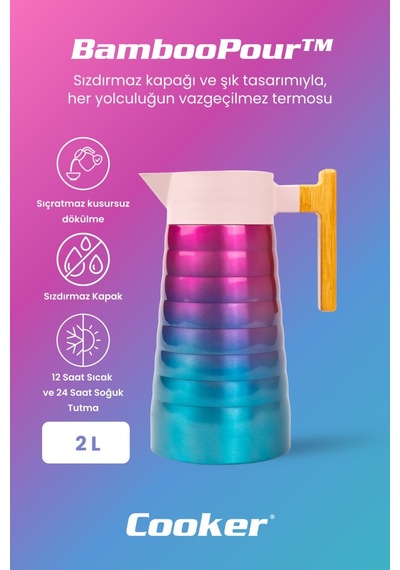 Cooker Bamboopour 2 Litre Paslanmaz Çelik Bambu Saplı Termos Ckr2097 Pembe