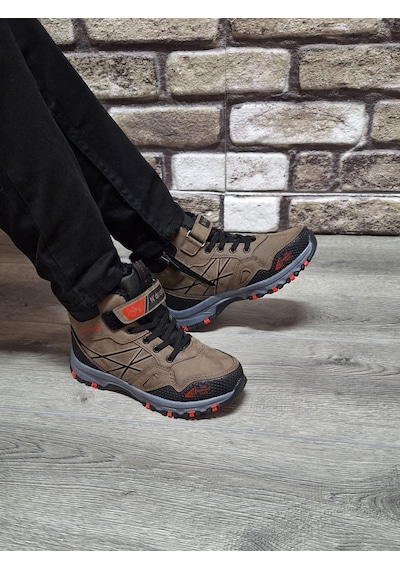 Rahat İçi Kürklü Ortopedik Taban Outdoor Spor Cırtlı Fermuarlı Çocuk Botu Vizon